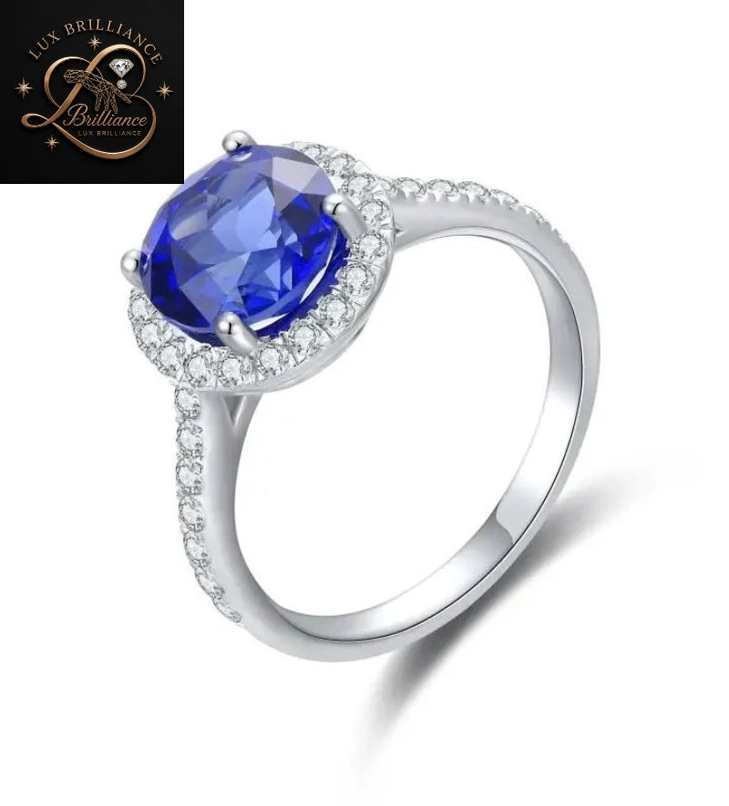 Round Diamond Blue Sapphire Ring | Micro Pave Halo Engagement Ring