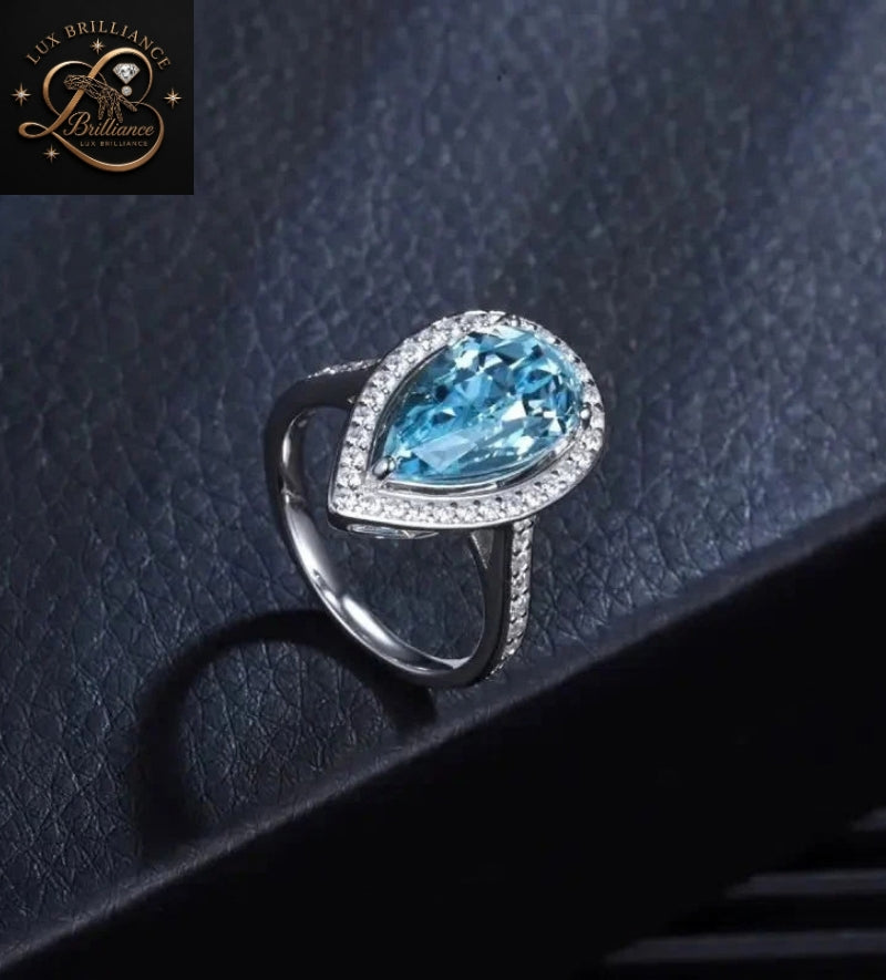 Teardrop Blue Topaz Diamond Halo Ring | Full Eternity Solitaire Ring