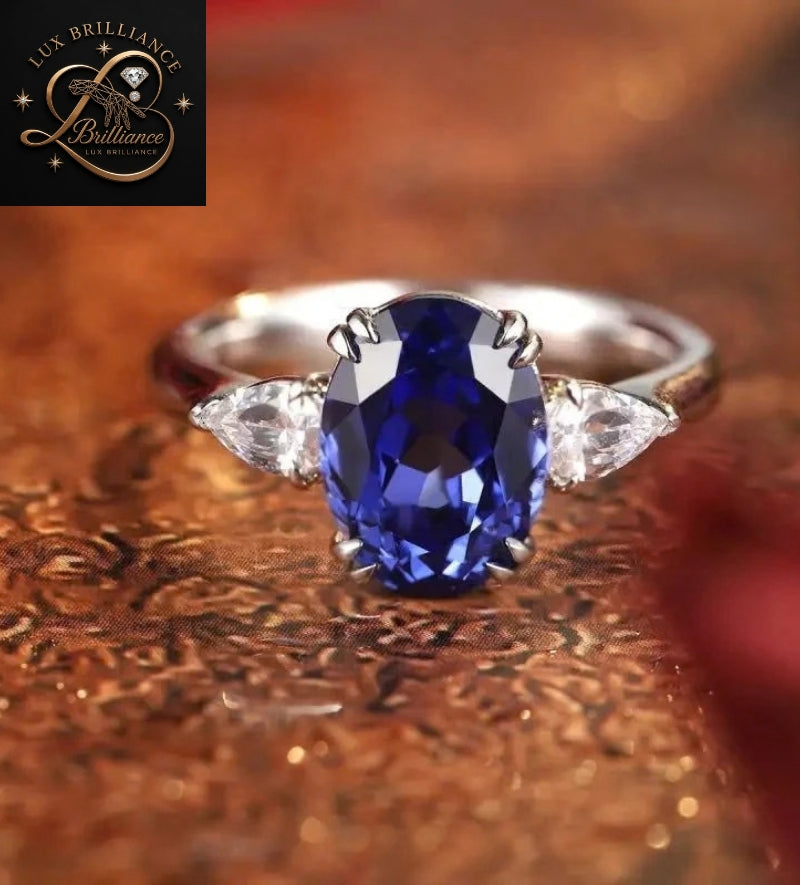 Oval Blue Sapphire Engagement Ring with Pear Diamond Side Stones | White Gold |Bridal Ring