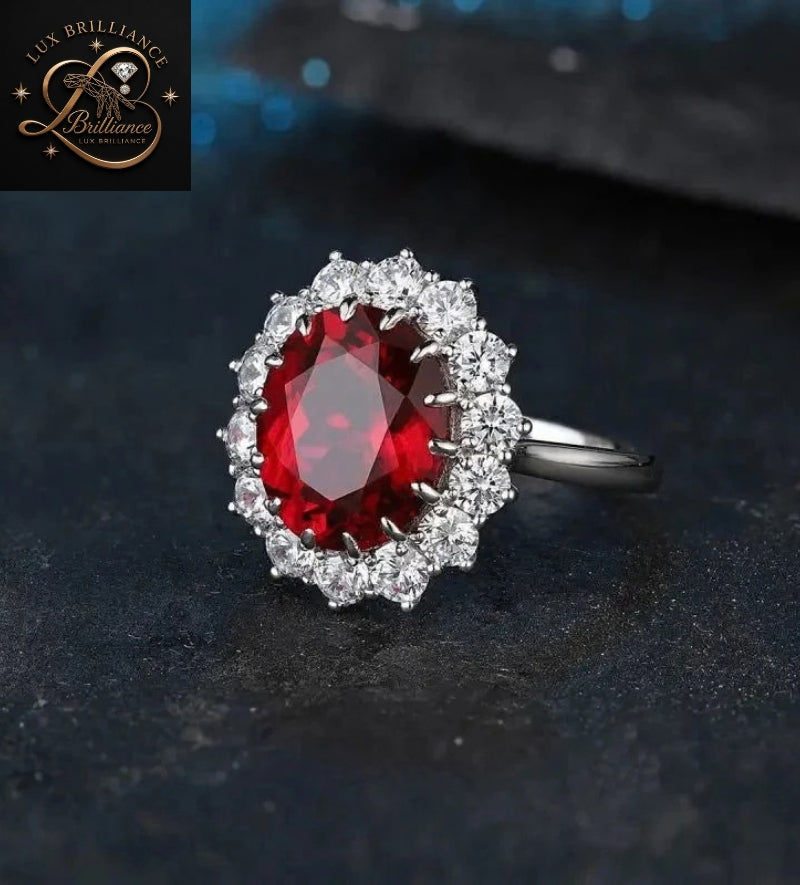 Oval Cut Ruby Gemstone Ring | Floral Halo White Gold Ring | Wedding Ring