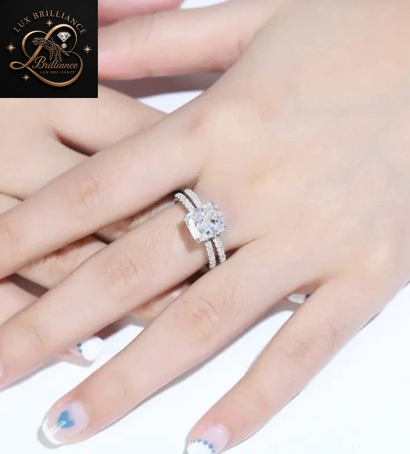 Classic Cushion Cut Diamond Solitaire Ring | Double Band White Gold Ring