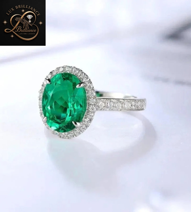 Classic Oval Green Emerald Diamond Halo Ring | 18K White Gold Christmas Gift
