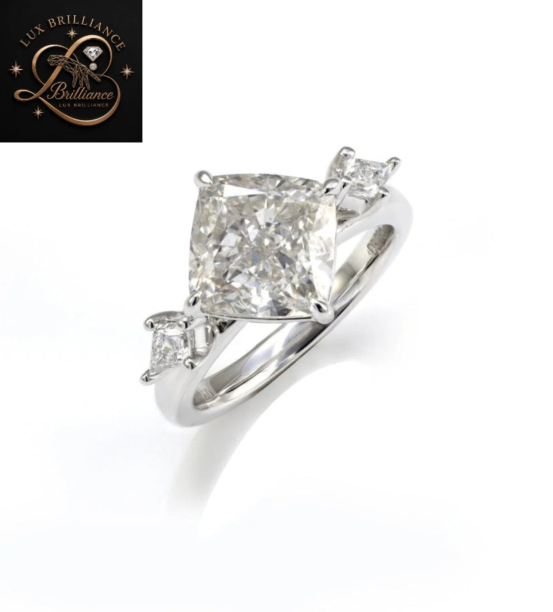 Three Stone Cushion Cut Diamond Engagement Ring with Kite Accent Stones | White Gold Diamond Wedding Ring