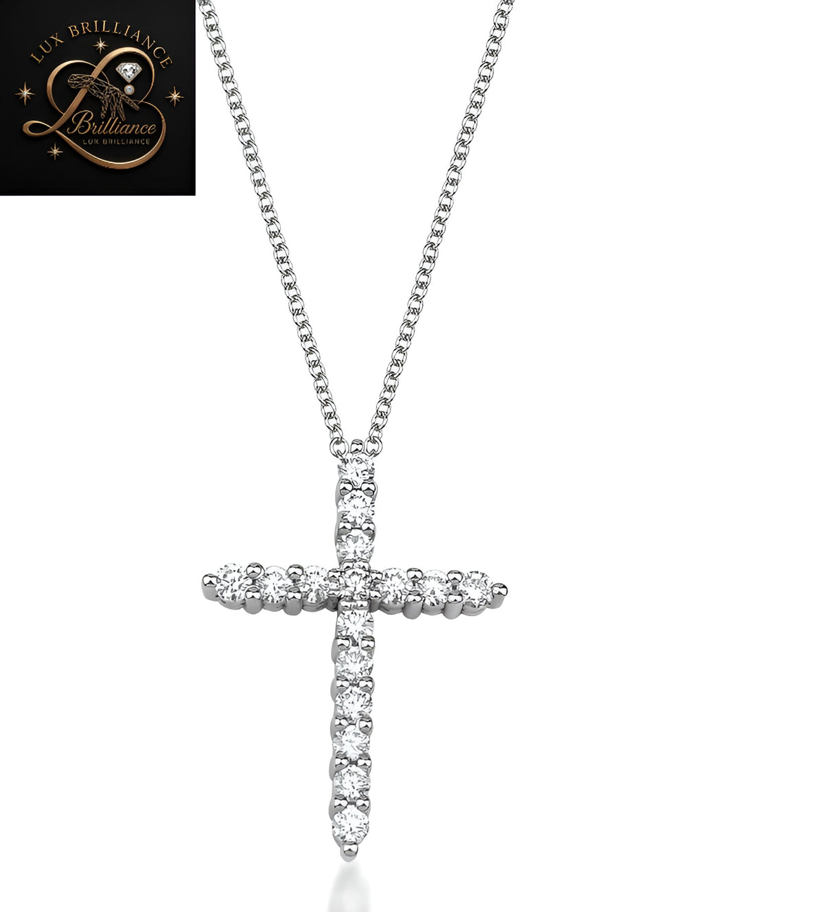 Prong-Set Diamond Cross Solitaire Pendant | 18k White Gold Cable Chain | Promise Gift
