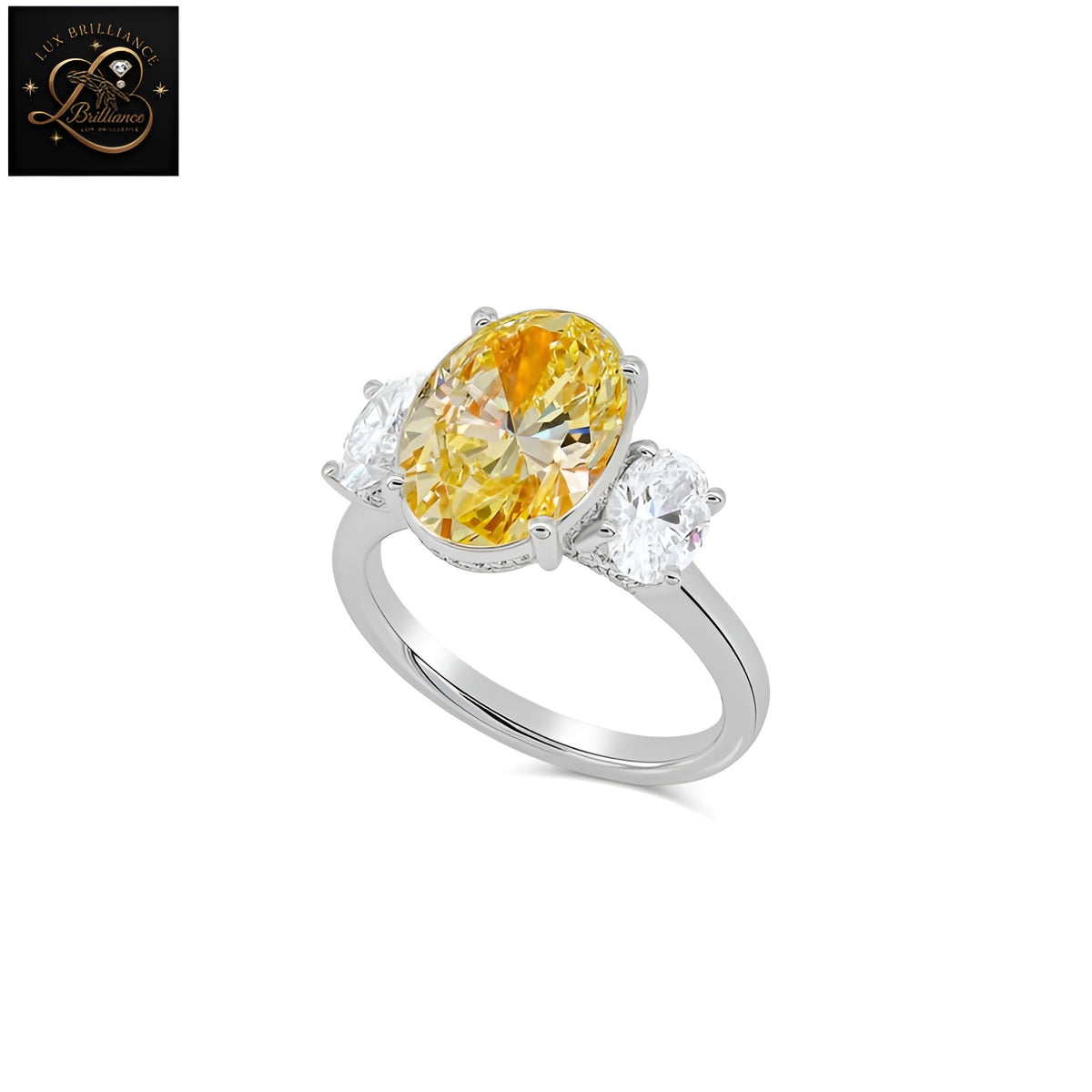 Yellow Oval Cut Three-Stone Engagement Ring | 14K White Gold Hidden Halo Trilogy Ring