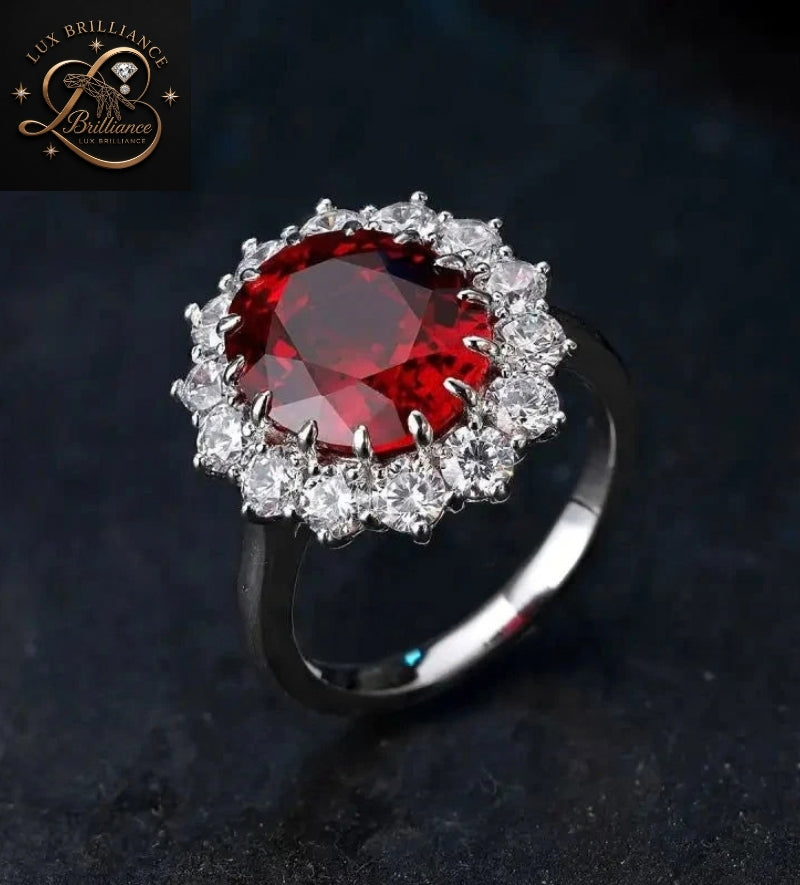 Oval Cut Ruby Gemstone Ring | Floral Halo White Gold Ring | Wedding Ring