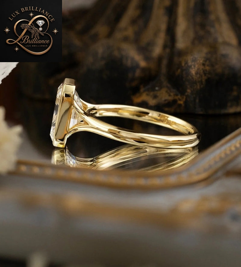 Modern Emerald Cut Diamond Bezel Set Ring | Solid Gold Solitaire