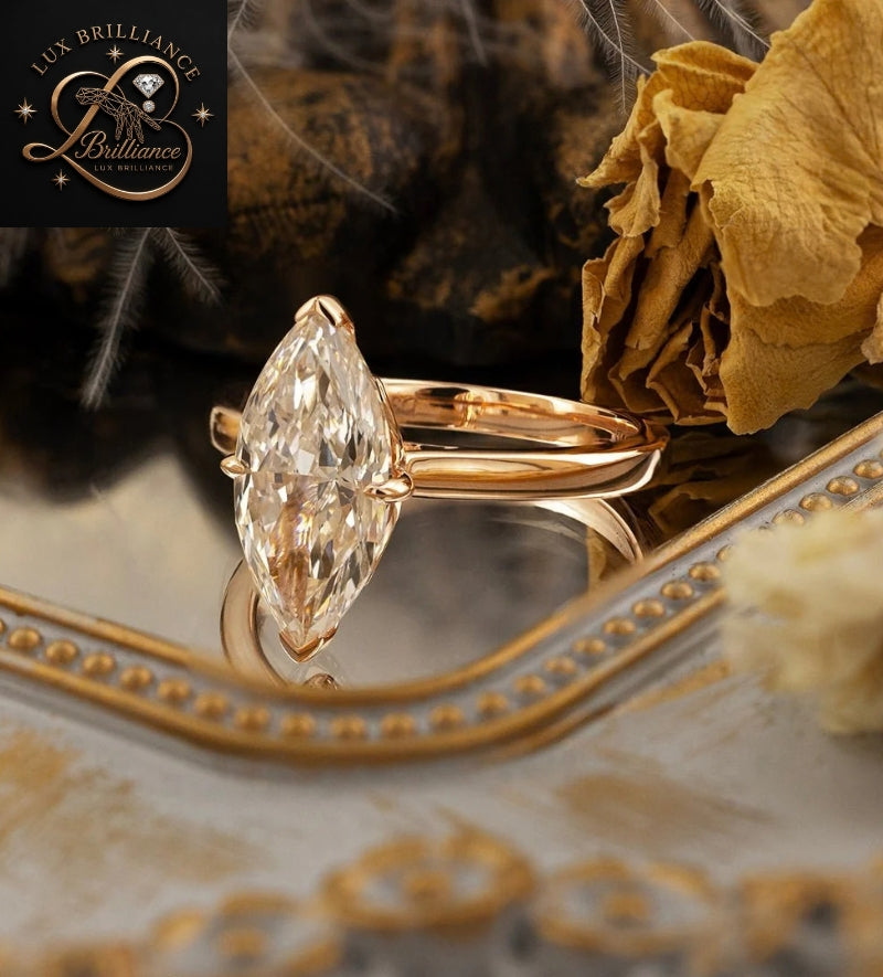 Solid 14k Rose Gold Marquise Cut Diamond Ring | V-Prong Solitaire Engagement Ring
