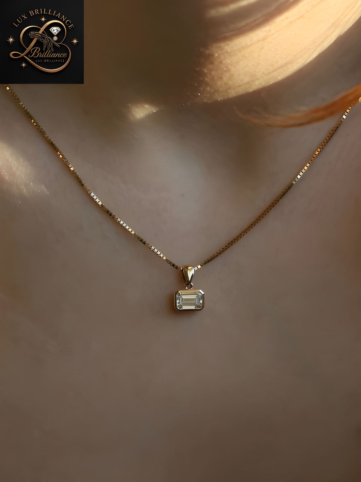 East-West Emerald Cut Diamond Solitaire Pendant |18K Gold Box Chain Necklace