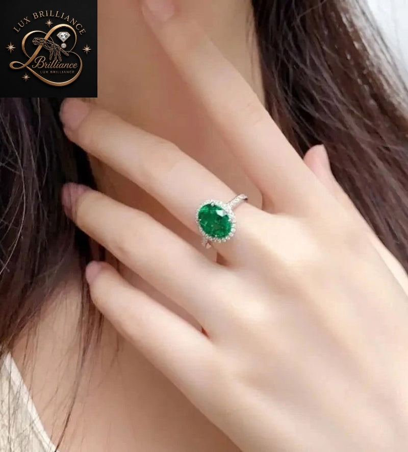 Classic Oval Green Emerald Diamond Halo Ring | 18K White Gold Christmas Gift