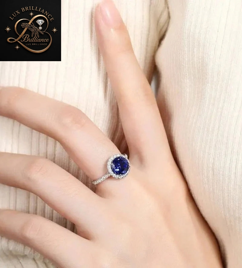 Round Diamond Blue Sapphire Ring | Micro Pave Halo Engagement Ring