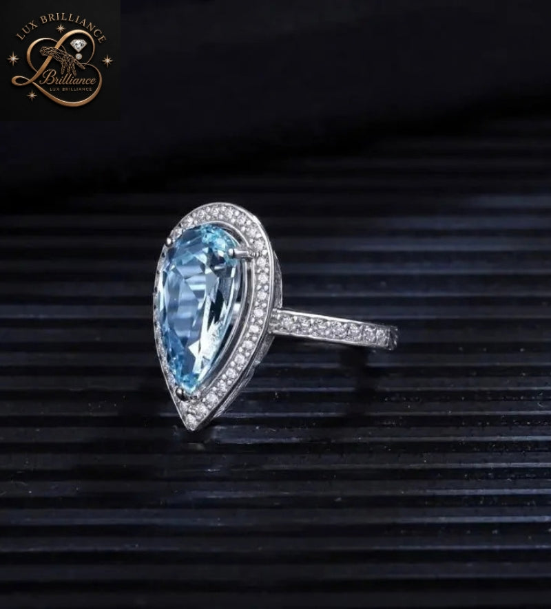 Teardrop Blue Topaz Diamond Halo Ring | Full Eternity Solitaire Ring