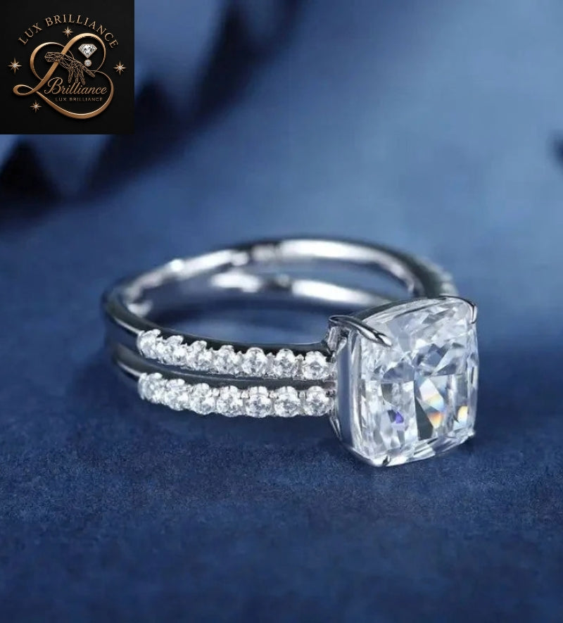 Classic Cushion Cut Diamond Solitaire Ring | Double Band White Gold Ring