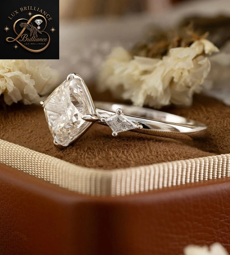 Three Stone Cushion Cut Diamond Engagement Ring with Kite Accent Stones | White Gold Diamond Wedding Ring