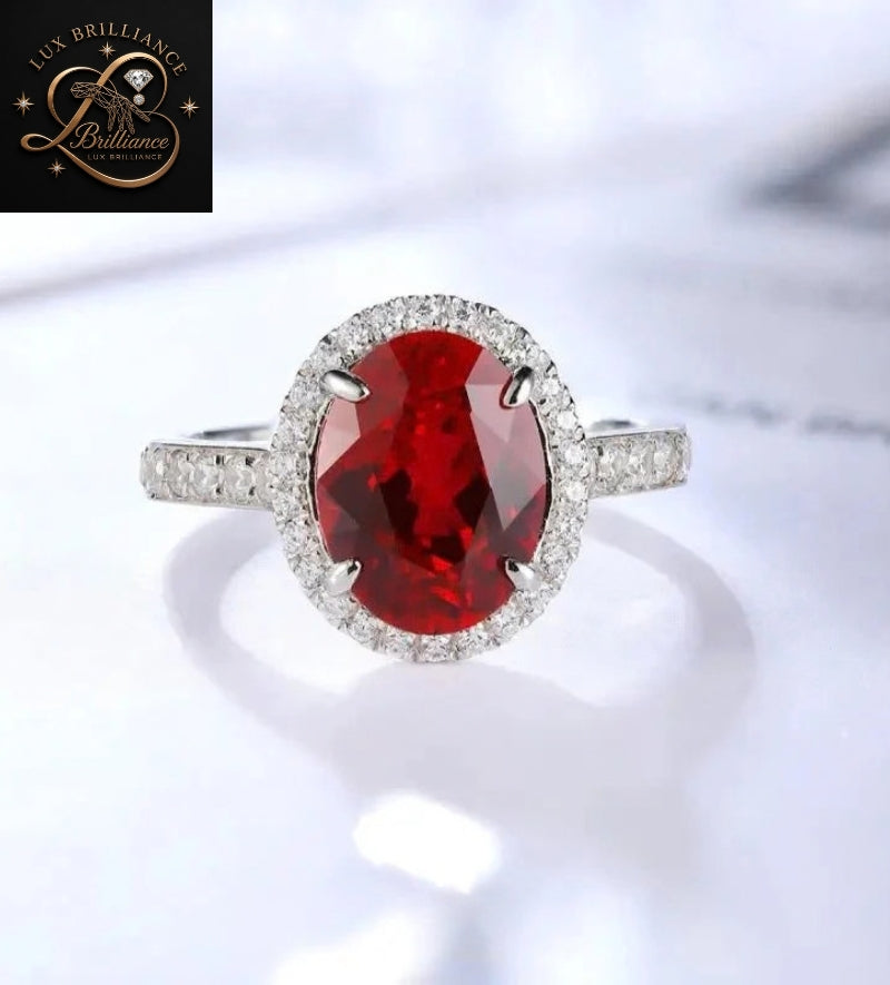 Oval Cut Ruby Diamond Engagement Ring | Cathedral Pave Shank Halo Ring