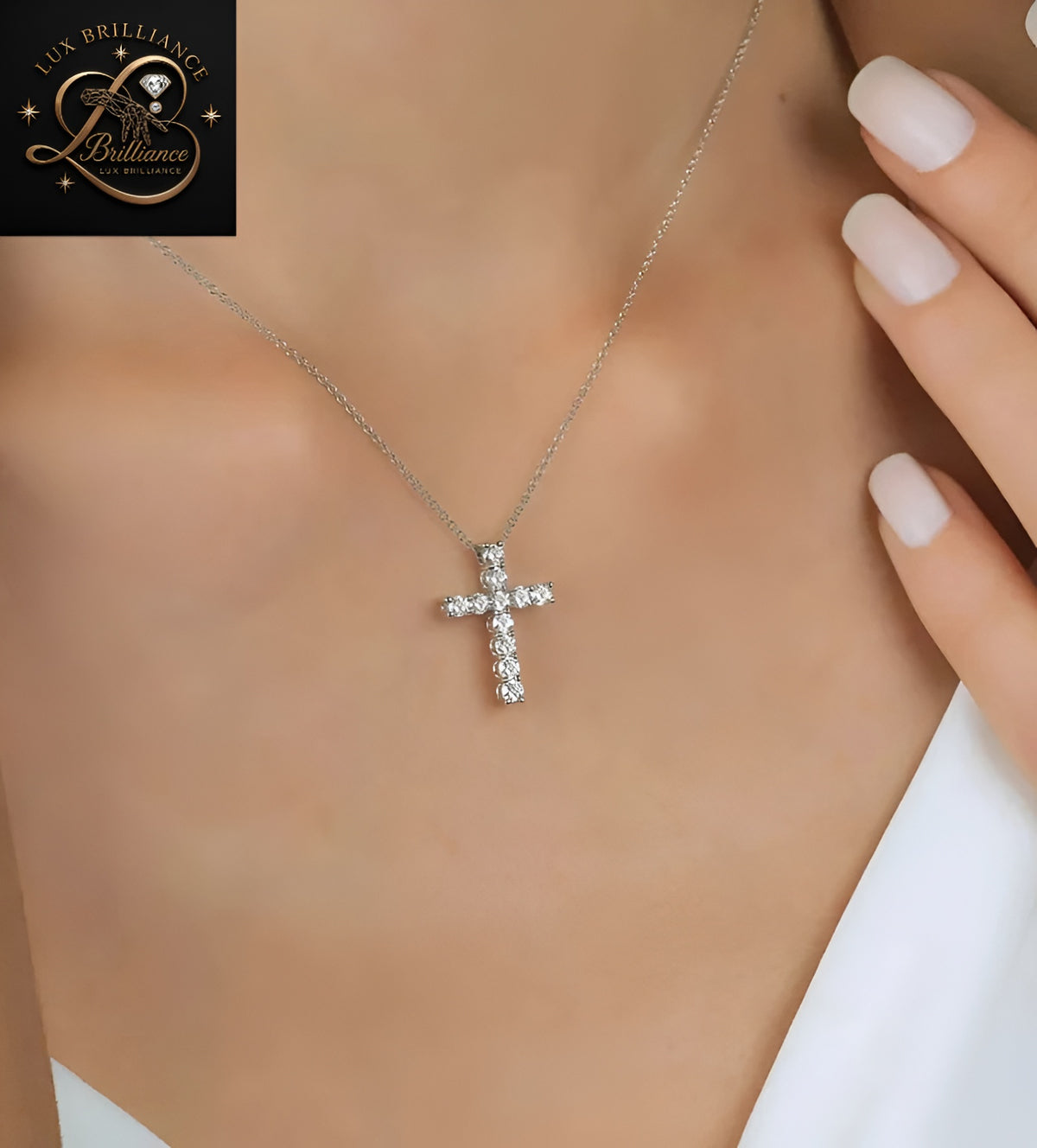 Elegant Round Cut Diamond Cross Necklace | 14k White Gold | Surprise Gift