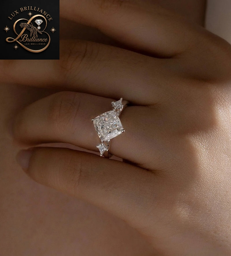 Three Stone Cushion Cut Diamond Engagement Ring with Kite Accent Stones | White Gold Diamond Wedding Ring