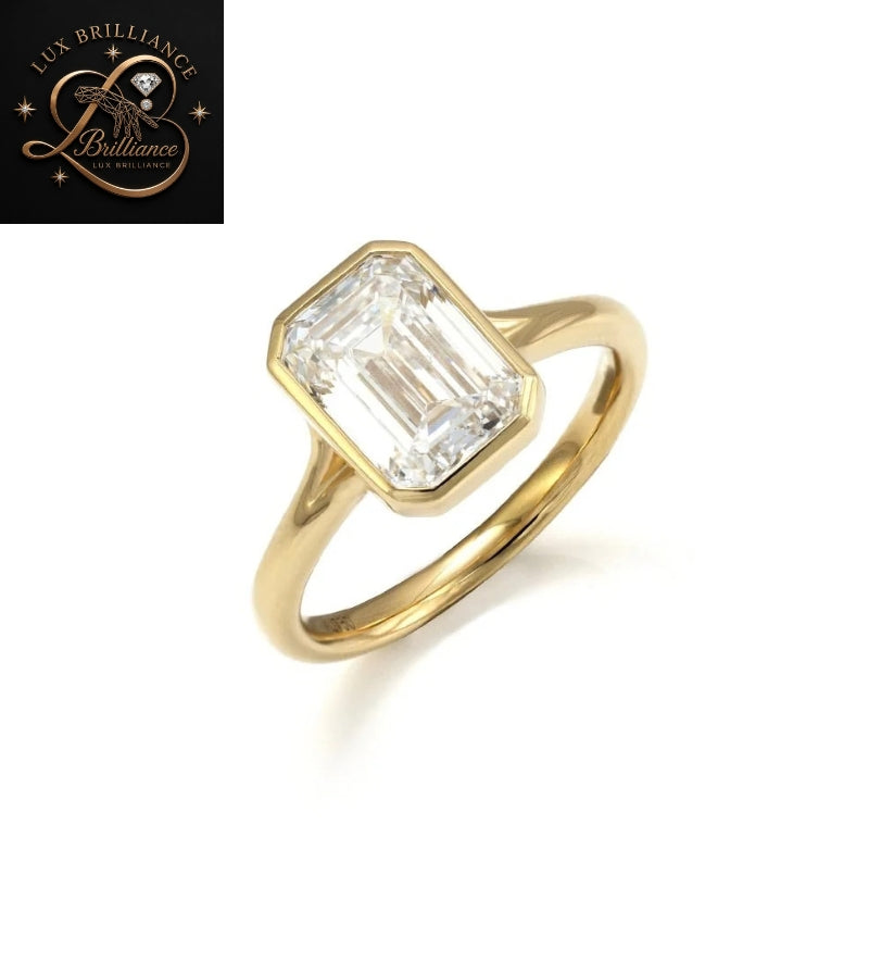 Modern Emerald Cut Diamond Bezel Set Ring | Solid Gold Solitaire