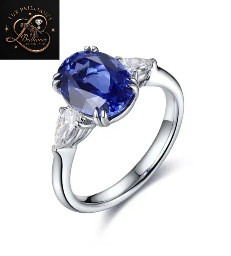 Oval Blue Sapphire Engagement Ring with Pear Diamond Side Stones | White Gold |Bridal Ring