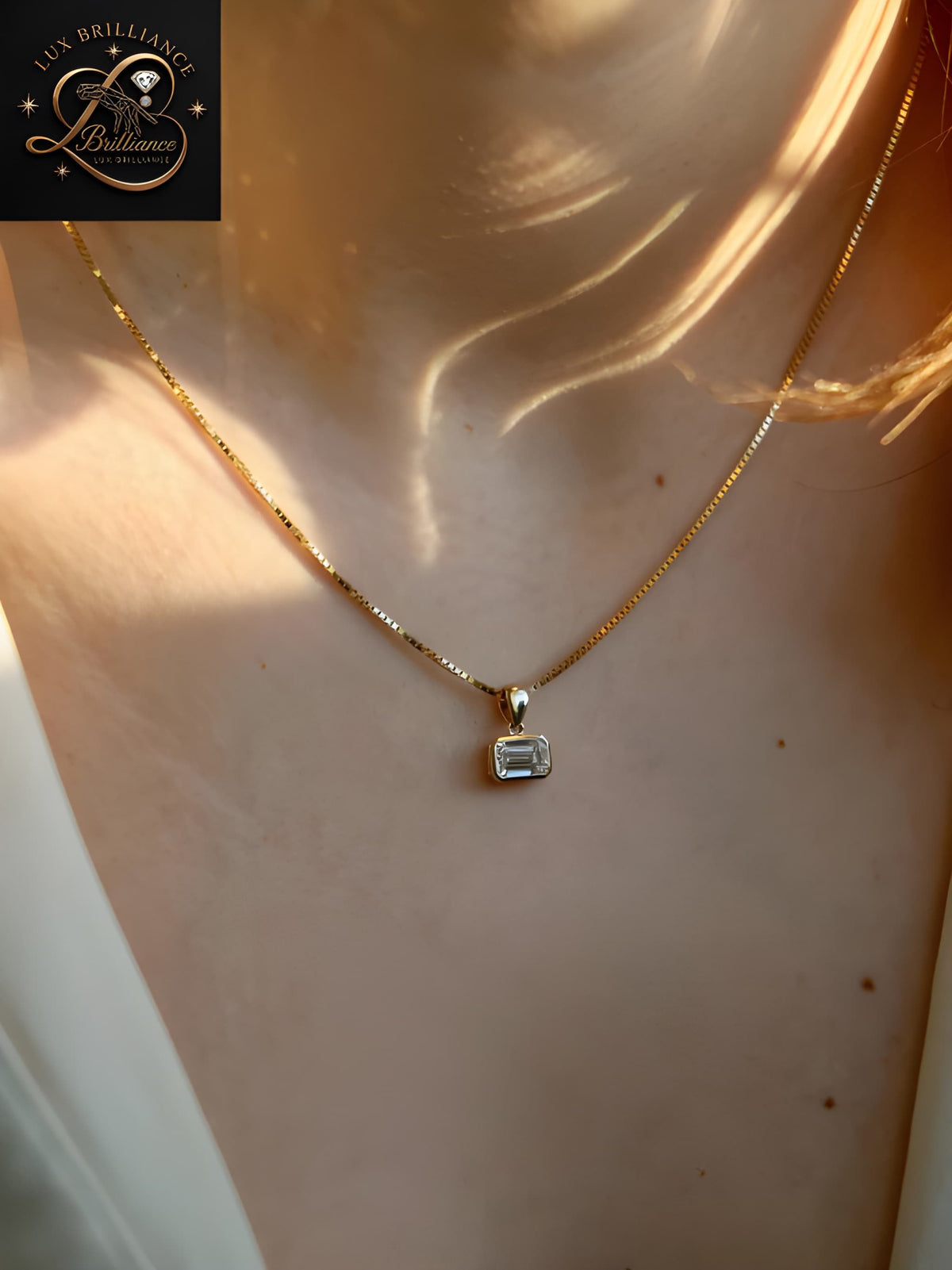East-West Emerald Cut Diamond Solitaire Pendant |18K Gold Box Chain Necklace