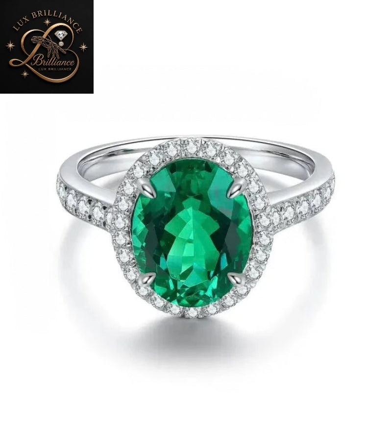 Classic Oval Green Emerald Diamond Halo Ring | 18K White Gold Christmas Gift