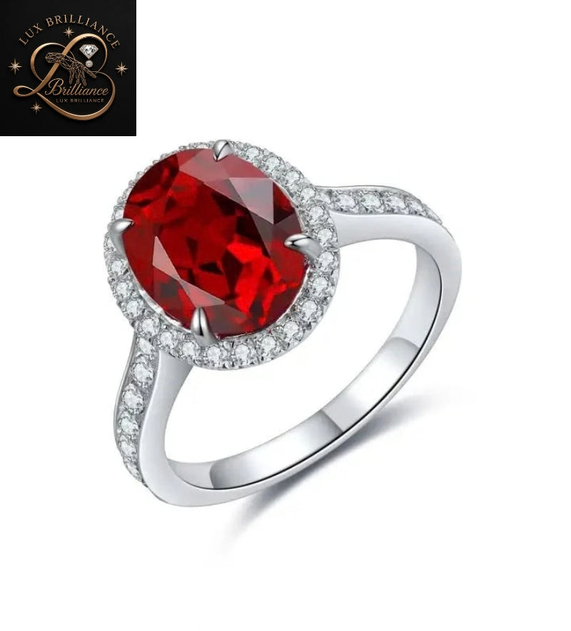 Oval Cut Ruby Diamond Engagement Ring | Cathedral Pave Shank Halo Ring