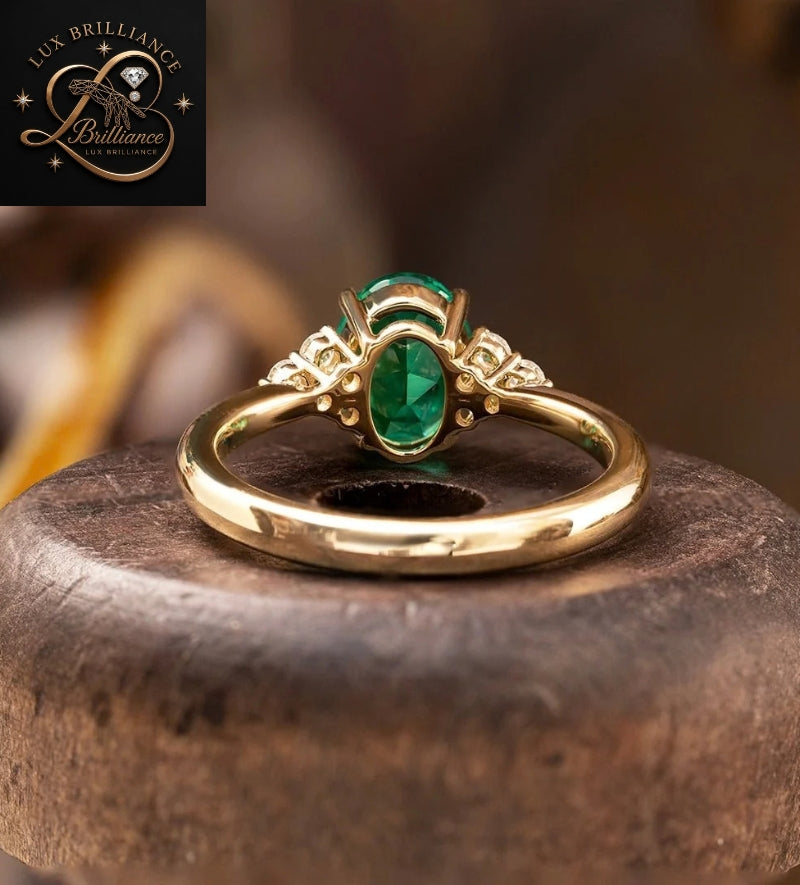 Vintage Green Emerald Oval Cut Diamond Ring with Round Diamond Clusters | Yellow Gold Band Ring