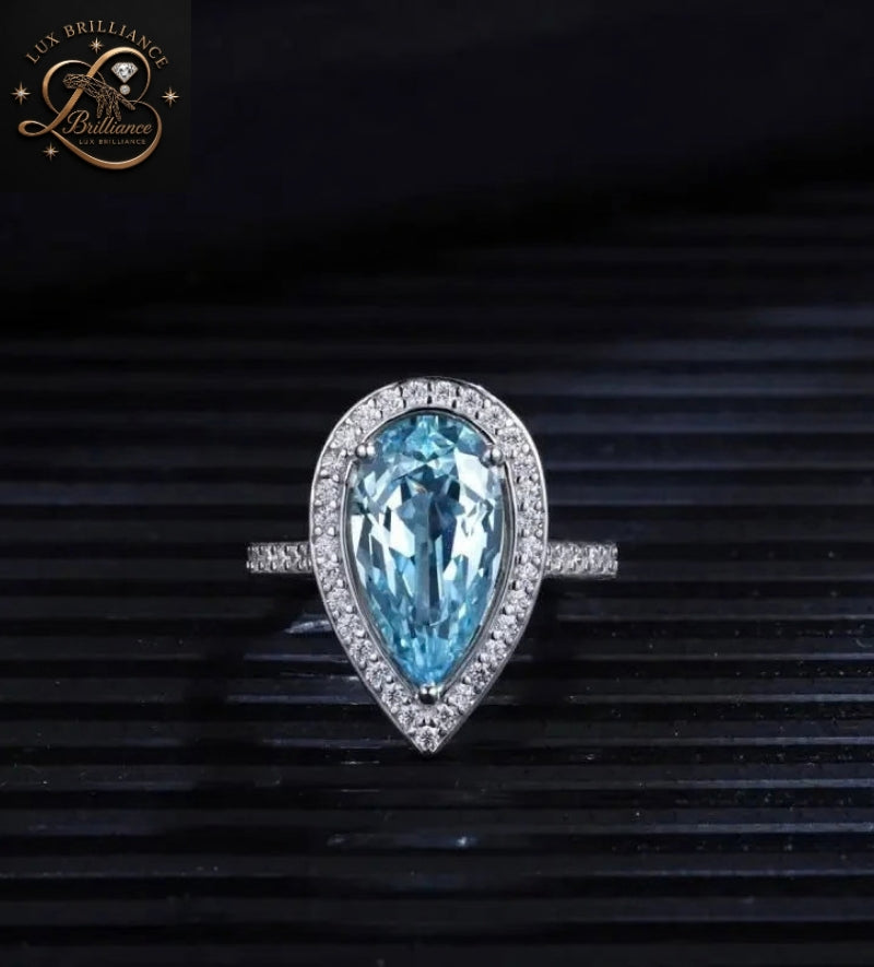 Teardrop Blue Topaz Diamond Halo Ring | Full Eternity Solitaire Ring