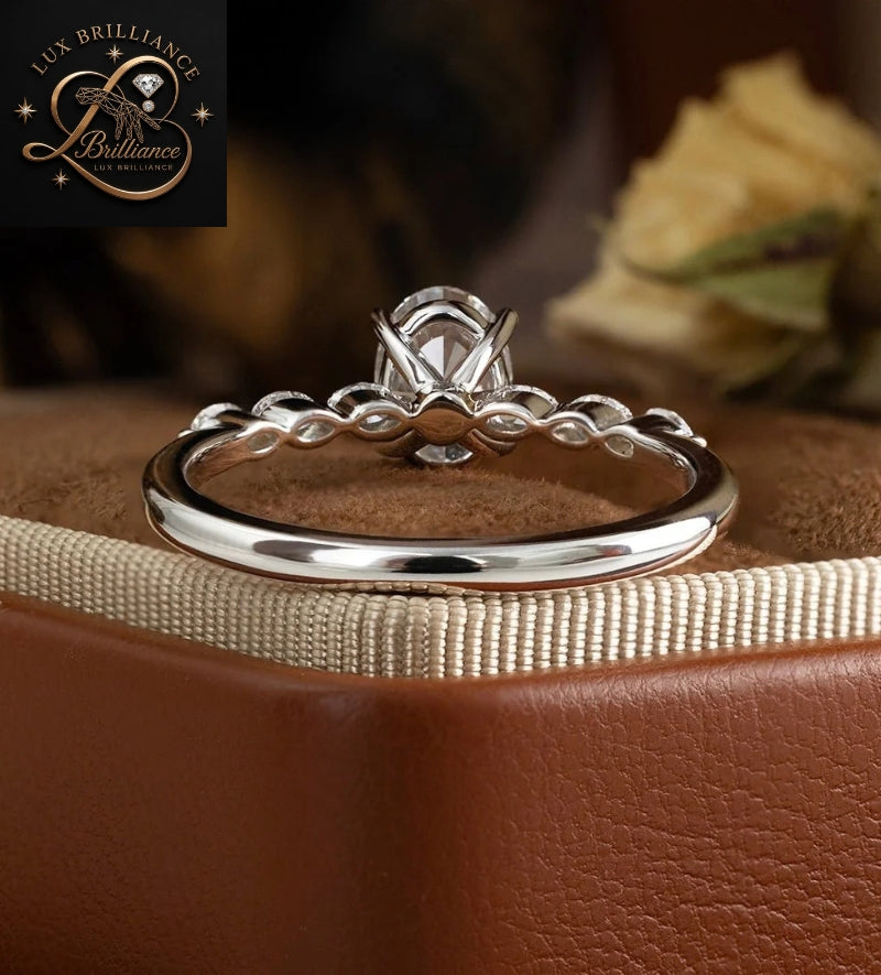 Antique Oval Cut Diamond Engagement Ring with Accent Side Stones in White Gold | Gift For Her
