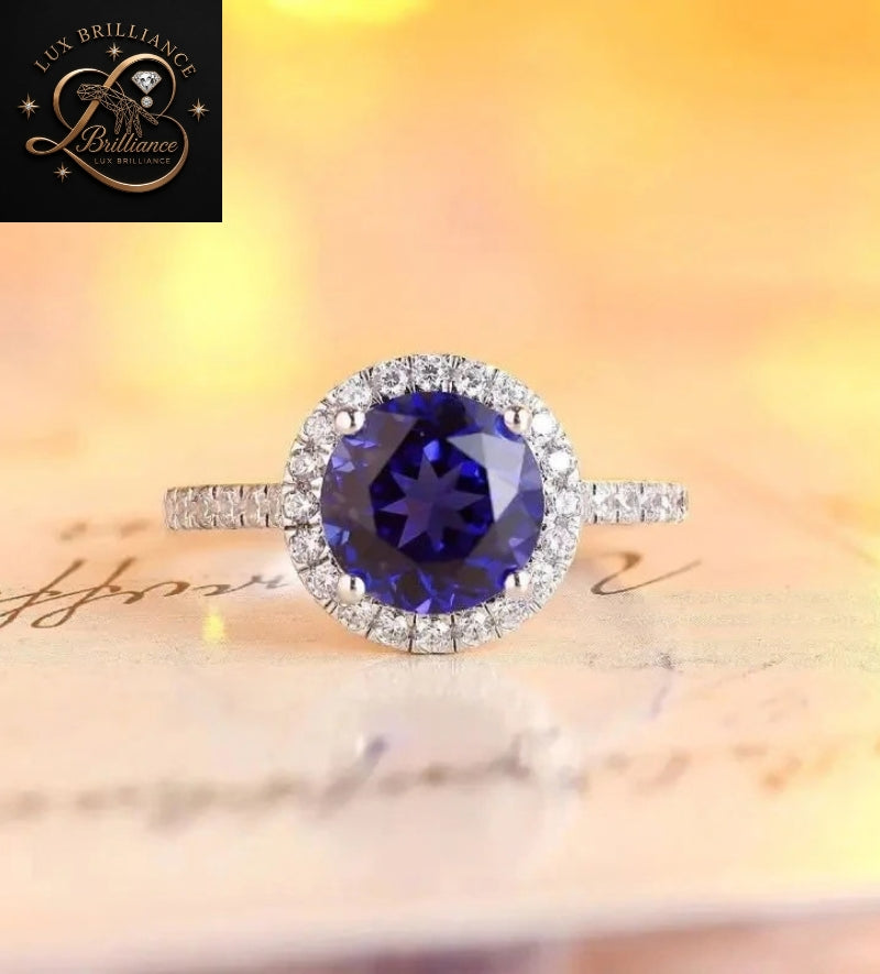 Round Diamond Blue Sapphire Ring | Micro Pave Halo Engagement Ring