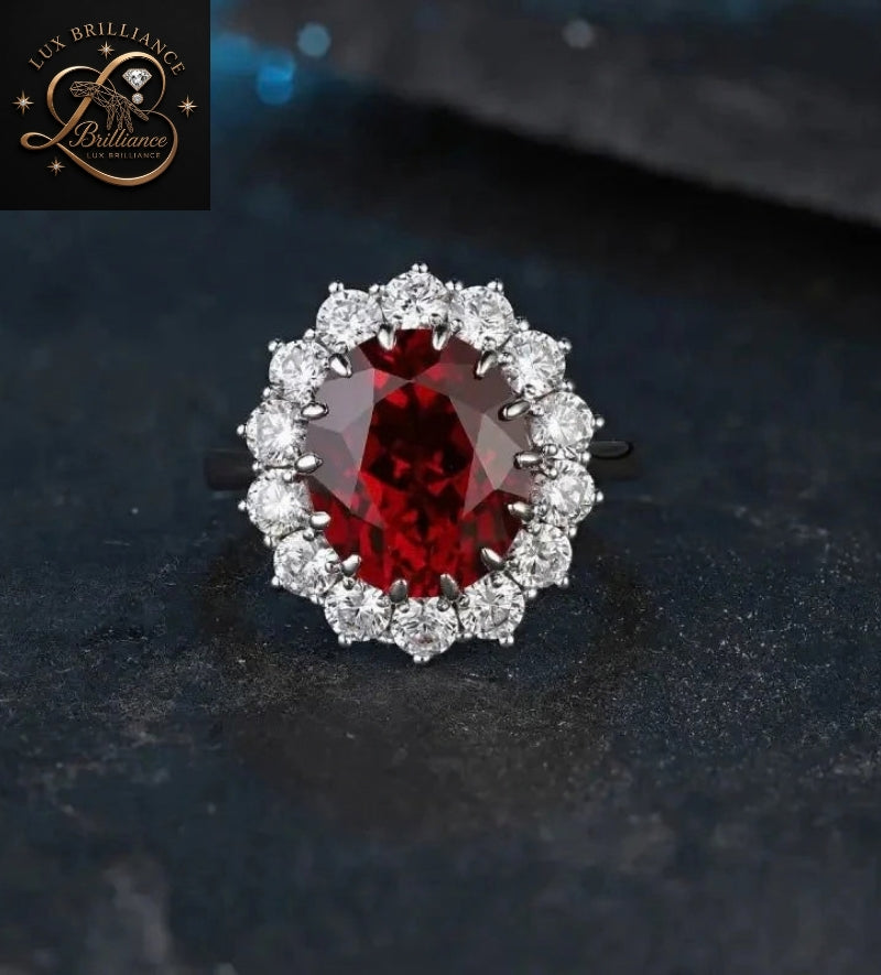 Oval Cut Ruby Gemstone Ring | Floral Halo White Gold Ring | Wedding Ring