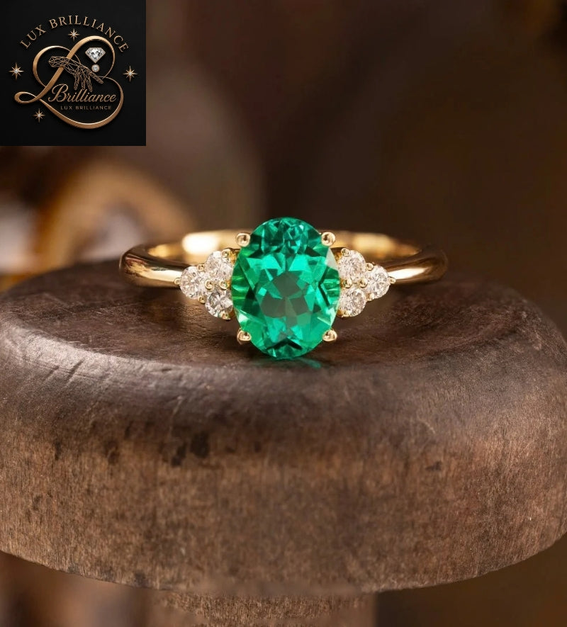 Vintage Green Emerald Oval Cut Diamond Ring with Round Diamond Clusters | Yellow Gold Band Ring