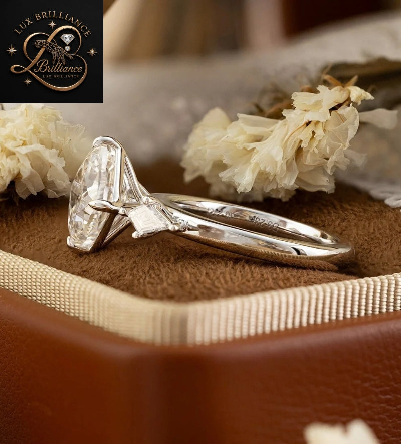 Three Stone Cushion Cut Diamond Engagement Ring with Kite Accent Stones | White Gold Diamond Wedding Ring