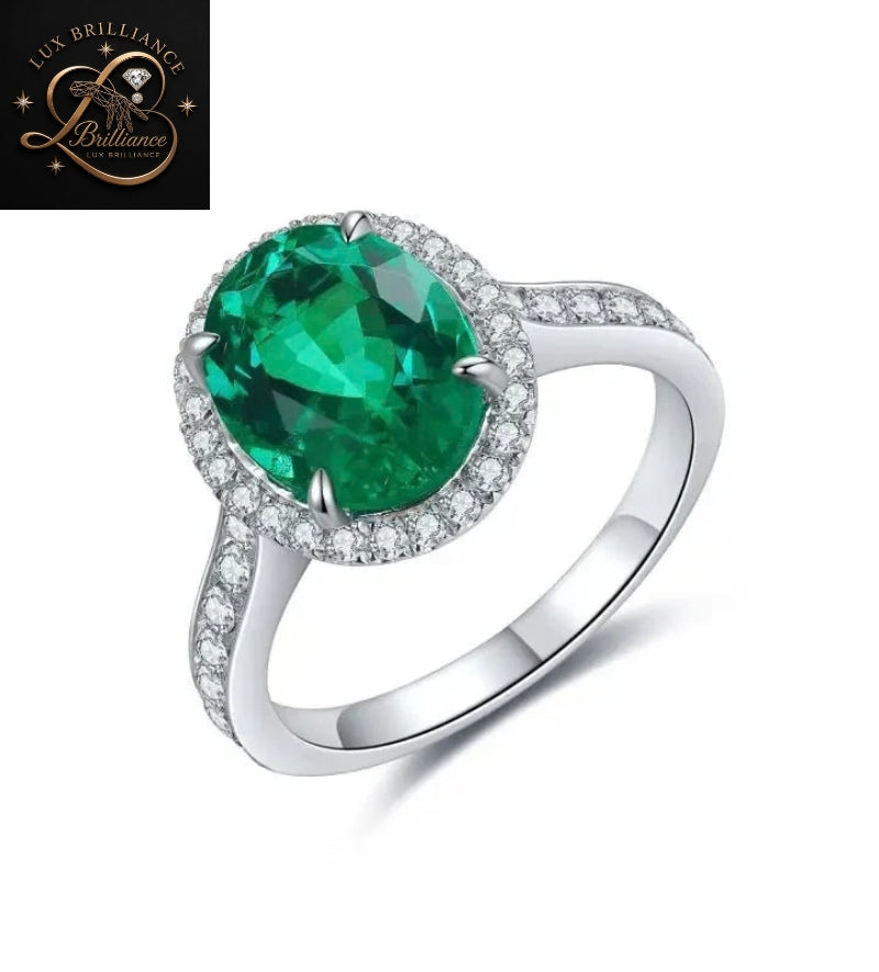 Classic Oval Green Emerald Diamond Halo Ring | 18K White Gold Christmas Gift