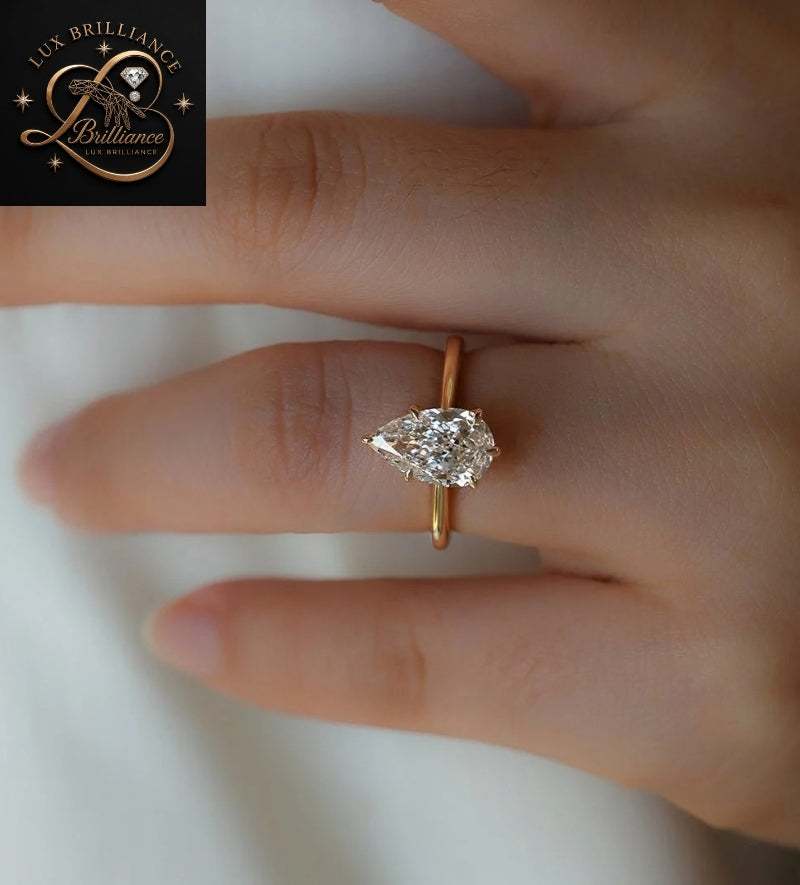 Lotus Basket Pear Shaped Diamond Solitaire Ring in 14K / 18K Yellow Gold | Bridal Surprise Gift