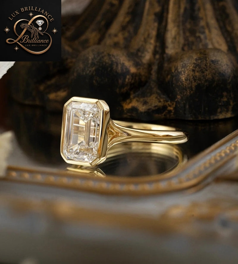 Modern Emerald Cut Diamond Bezel Set Ring | Solid Gold Solitaire