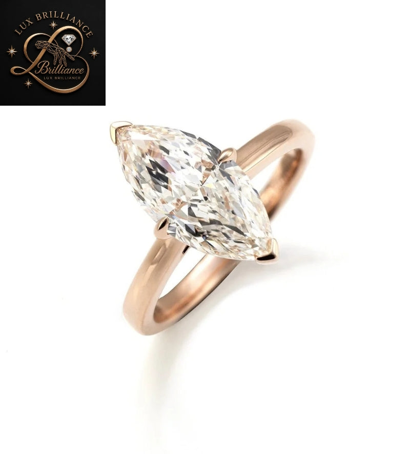 Solid 14k Rose Gold Marquise Cut Diamond Ring | V-Prong Solitaire Engagement Ring