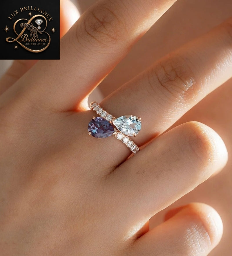 Toi et Moi Alexandrite & Aquamarine Pear Diamond Ring | 18K Rose Gold