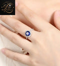 Round Diamond Blue Sapphire Ring | Micro Pave Halo Engagement Ring