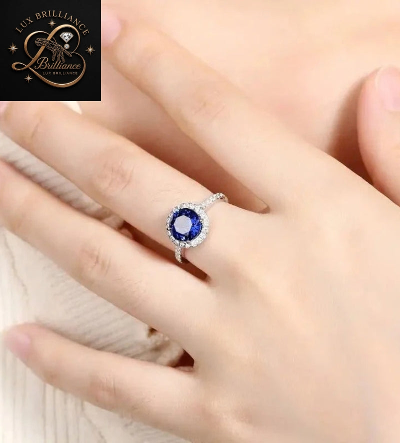 Round Diamond Blue Sapphire Ring | Micro Pave Halo Engagement Ring