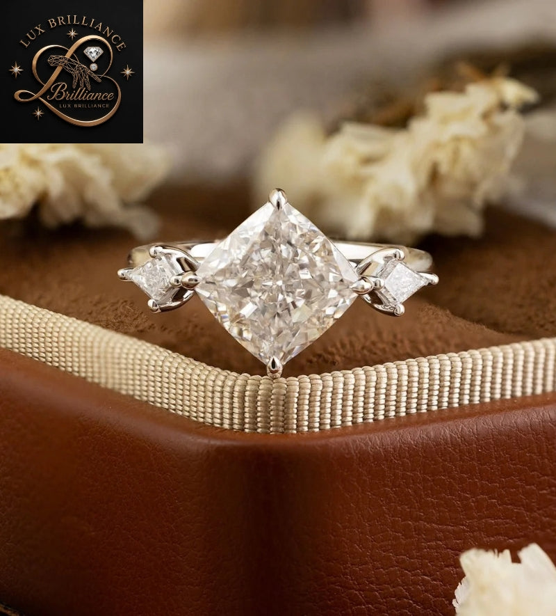 Three Stone Cushion Cut Diamond Engagement Ring with Kite Accent Stones | White Gold Diamond Wedding Ring