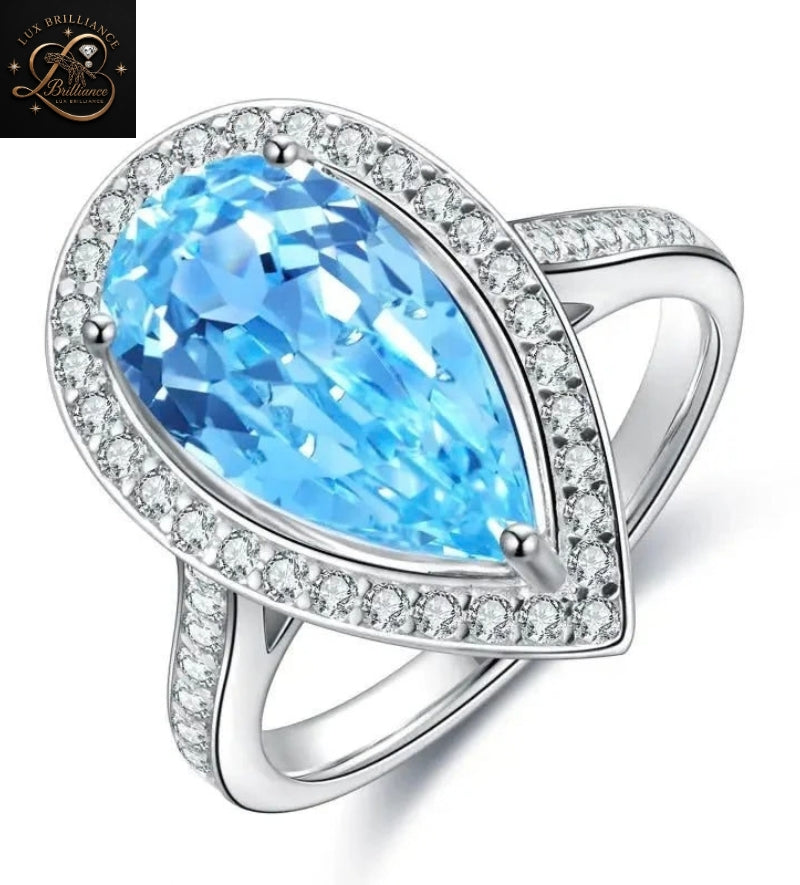 Teardrop Blue Topaz Diamond Halo Ring | Full Eternity Solitaire Ring
