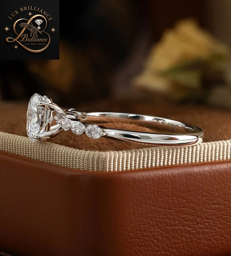 Antique Oval Cut Diamond Engagement Ring with Accent Side Stones in White Gold | Gift For Her