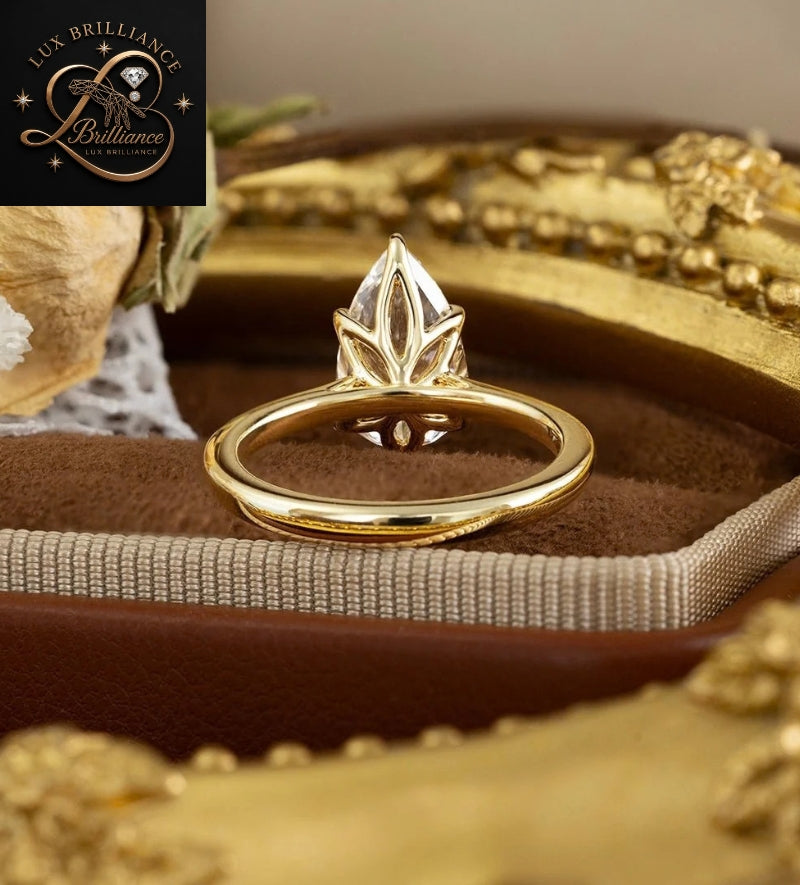 Lotus Basket Pear Shaped Diamond Solitaire Ring in 14K / 18K Yellow Gold | Bridal Surprise Gift