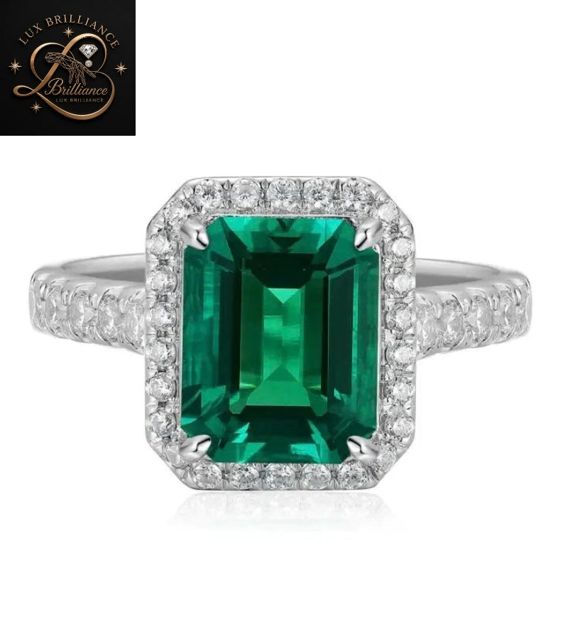 Emerald Cut Green Gemstone Halo Engagement Ring | 10k White Gold promise Ring