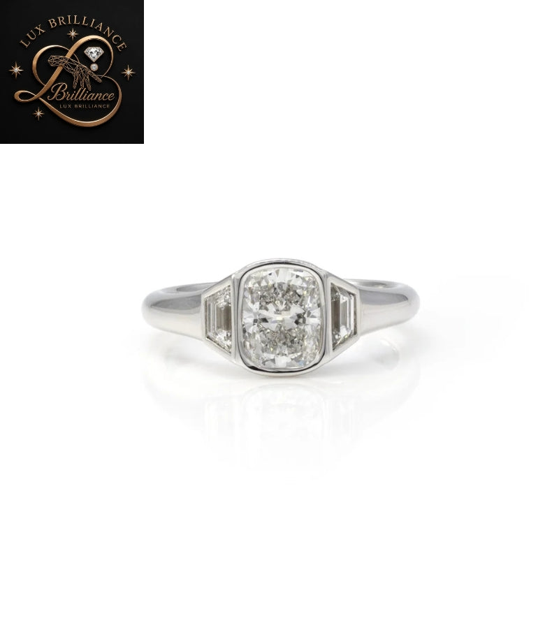 Three-Stone Cushion Cut Diamond Ring with Trapezoid Accents in Full Bezel Setting | Gift for Her
