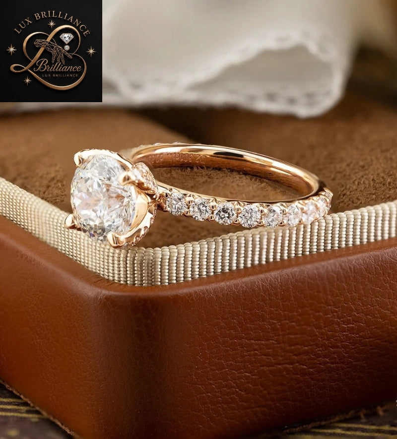 Hidden Halo Round Cut Diamond Engagement Ring in 14K / 18K Rose Gold