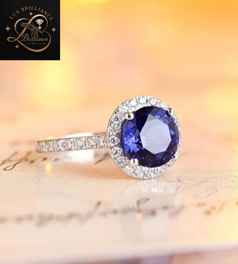 Round Diamond Blue Sapphire Ring | Micro Pave Halo Engagement Ring
