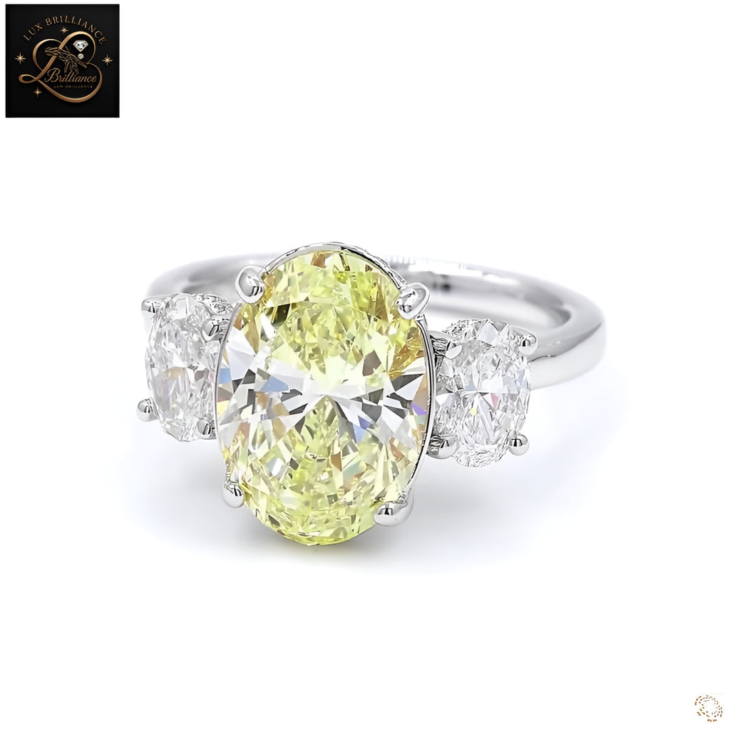 Yellow Oval Cut Three-Stone Engagement Ring | 14K White Gold Hidden Halo Trilogy Ring