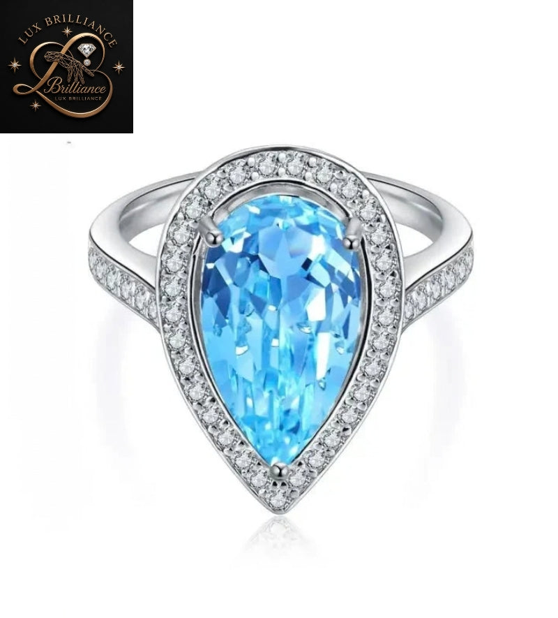 Teardrop Blue Topaz Diamond Halo Ring | Full Eternity Solitaire Ring